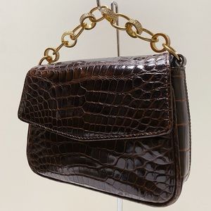 Vintage HELENE Brown Alligator Gold Chain Mini Top Handle Crossbody Bag Italy